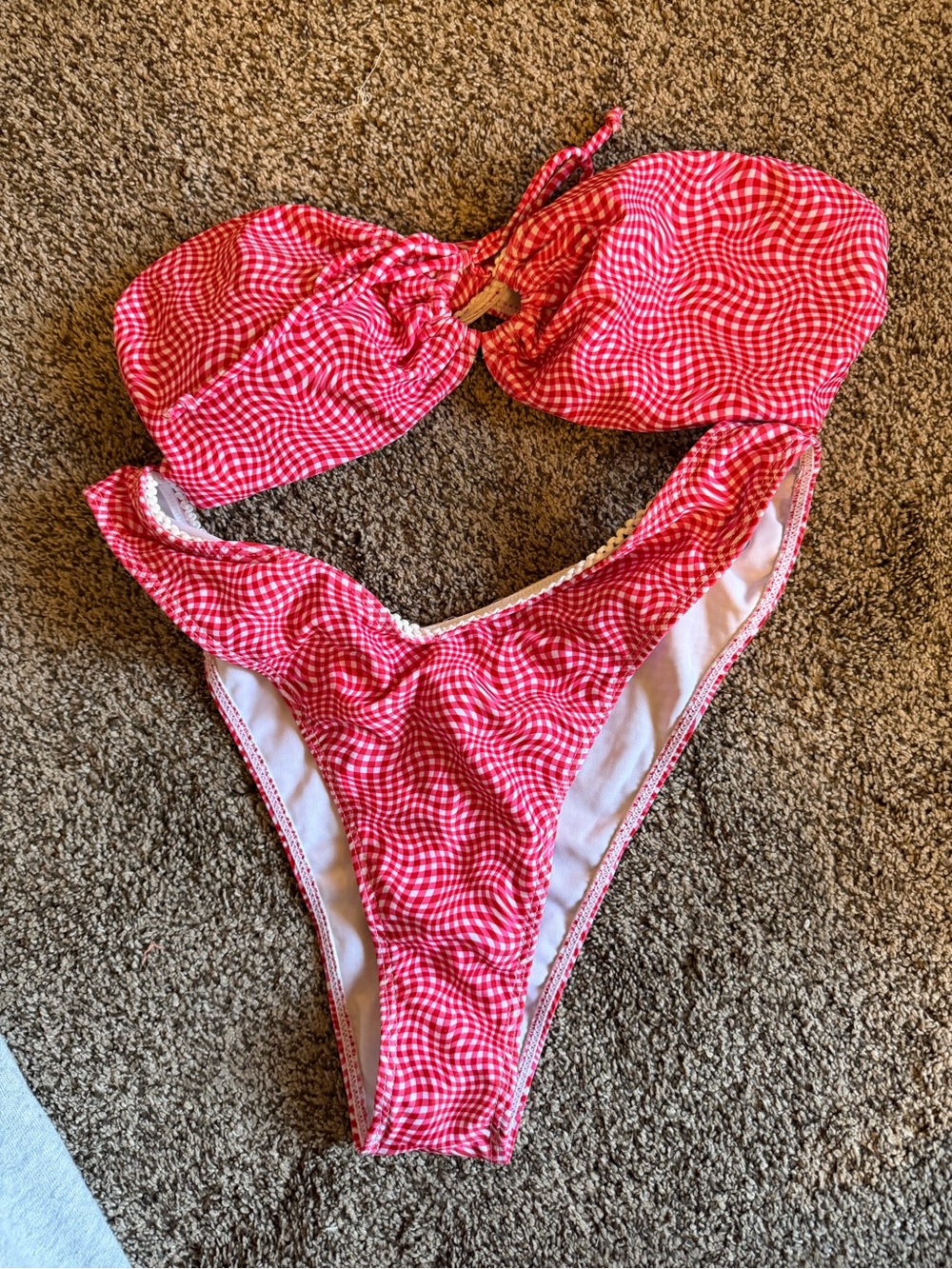 SHEIN Red Gingham Bandeau Bikini Set